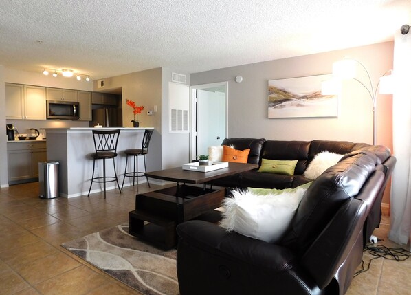 Smart TV, fireplace, books