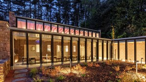 A modern building with large glass windows, a stone pathway, and a forested background.