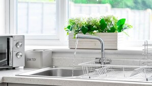 A kitchen with a sink, a toaster, and a plant on the windowsill. - Birmingham Blissful Retreat - 3 Bed House (Birmingham)