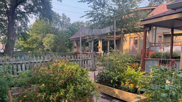 A garden with raised beds, a wooden fence, and a house with a porch. - Historical home w gardens in Unique North Lawrence. ACROSS FROM TRAIN DEPOT (Lawrence)