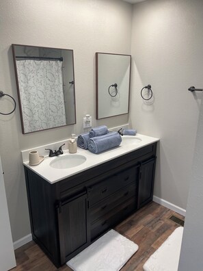 Shower, towels, toilet paper