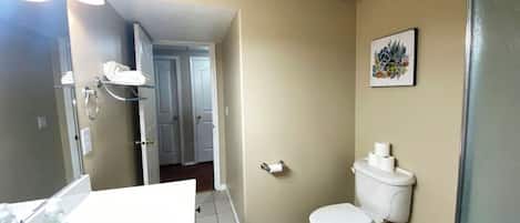 A bathroom with a white sink, a toilet, and a shower area.
