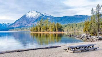 Une vue sur le lac, avec une montagne en arrière-plan, une plage de sable et une table de pique-nique.