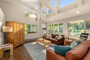 Smart TV, fireplace, books, video library