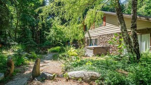Un chalet rustique aux murs de pierre, entouré d’une forêt dense et bordé d’un chemin de gravier.