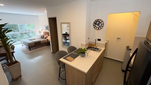 Un apartamento moderno con cocina, comedor y un dormitorio con vistas.