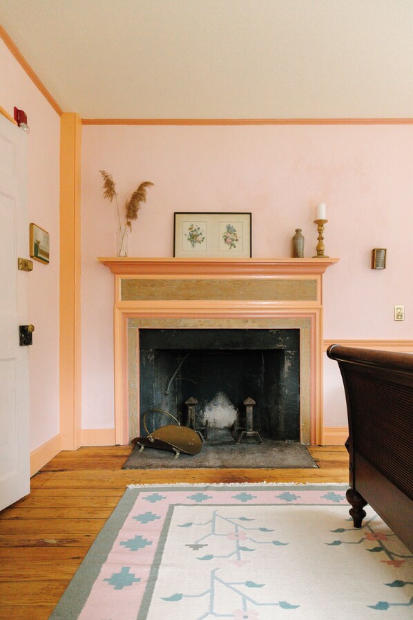 Una habitación con chimenea, suelo de madera, alfombra estampada y una puerta.