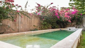 A swimming pool with two glasses of water and a towel on the edge. - Villa Bugambilias Near Bacalar Lagoon (Bacalar)
