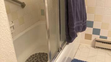 Hair dryer, towels, soap, shampoo