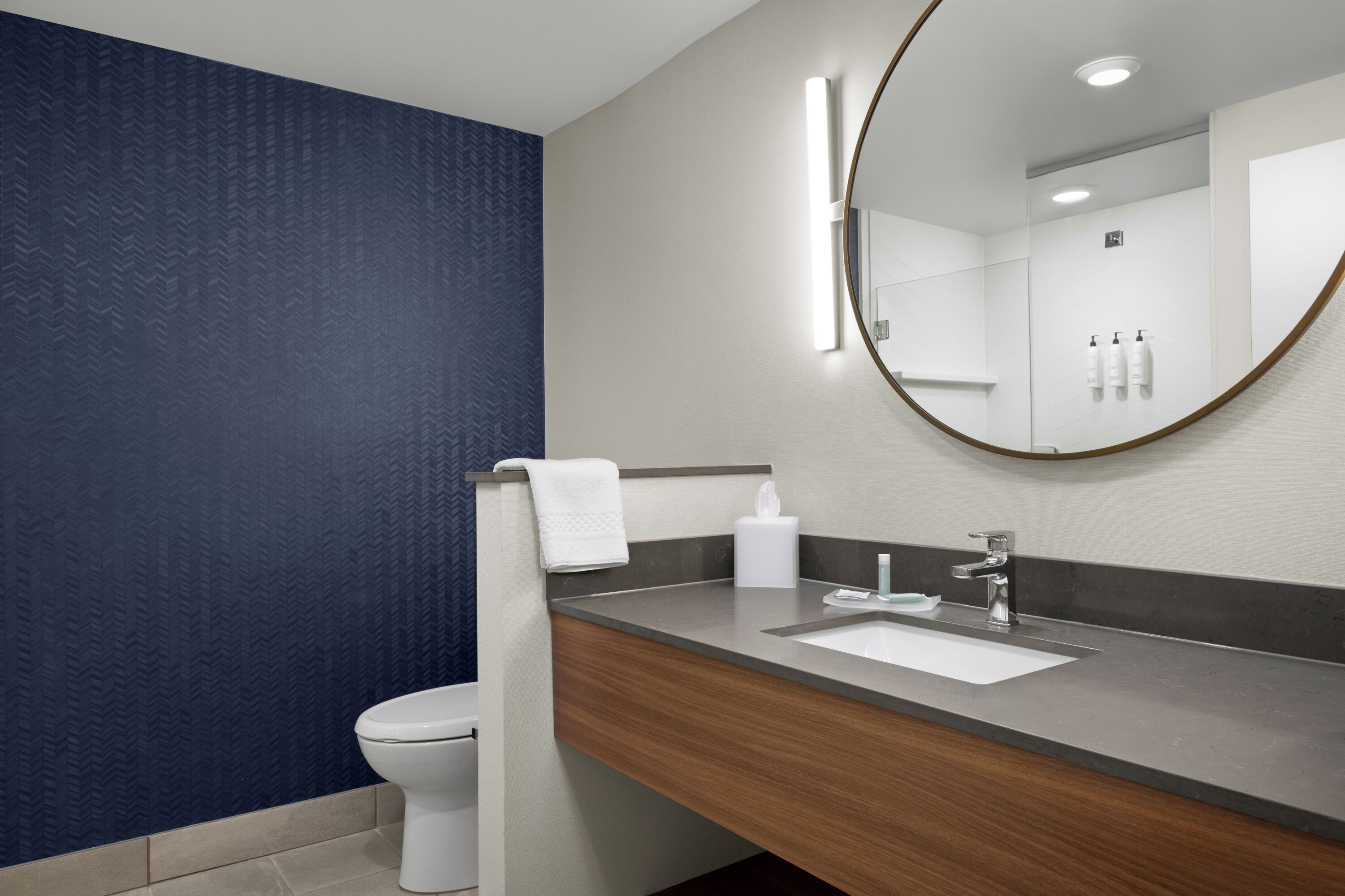 A modern bathroom with a white toilet, a wooden vanity, a large mirror, and a wall-mounted sink.