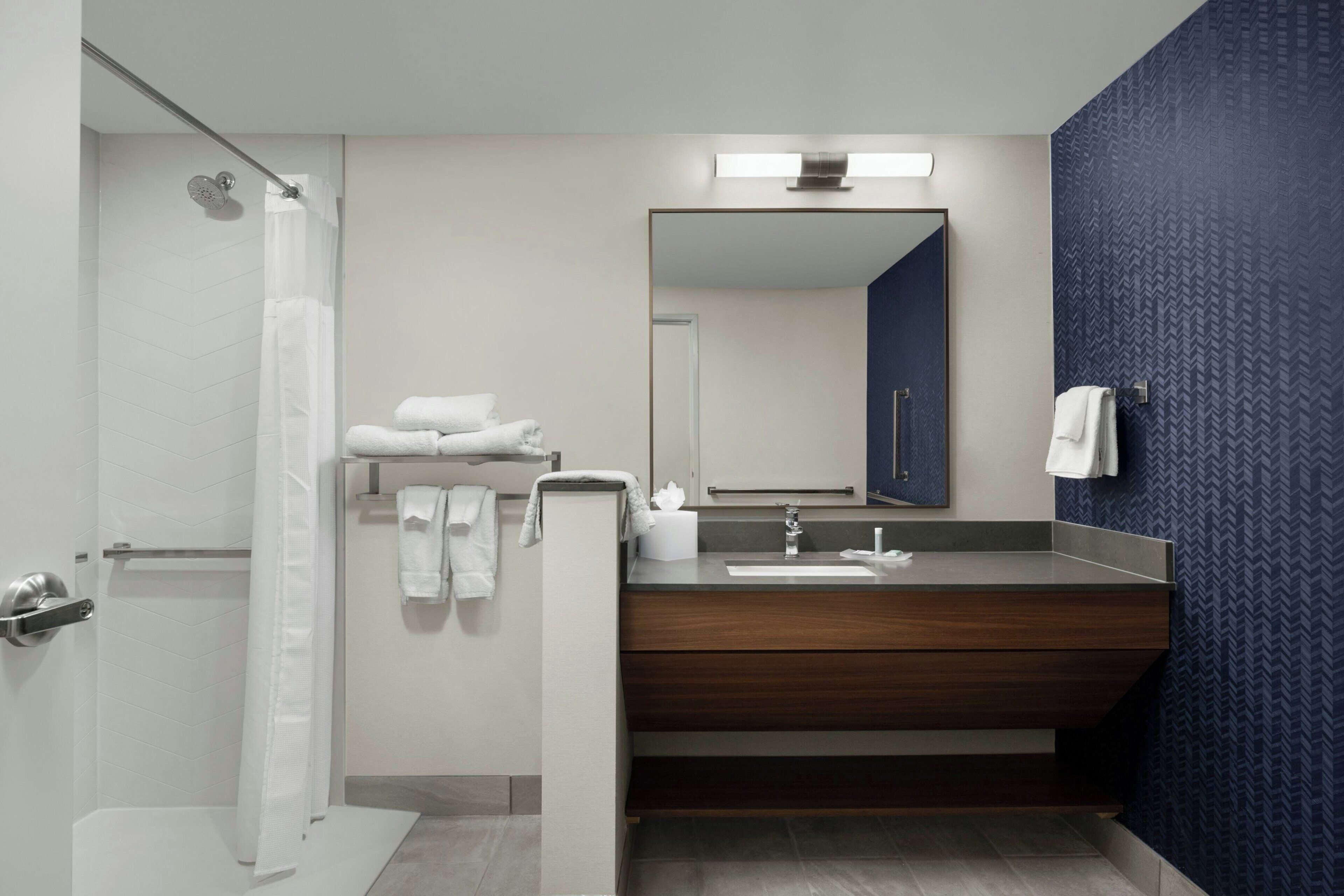A modern bathroom with a shower, a sink, and a mirror.