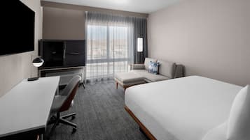 Desk, laptop workspace, blackout curtains, iron/ironing board