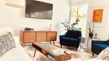 Smart TV, fireplace, DVD player, books