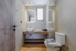 Shower, hair dryer, towels, shampoo