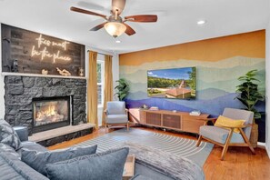 Smart TV, fireplace, video games, books