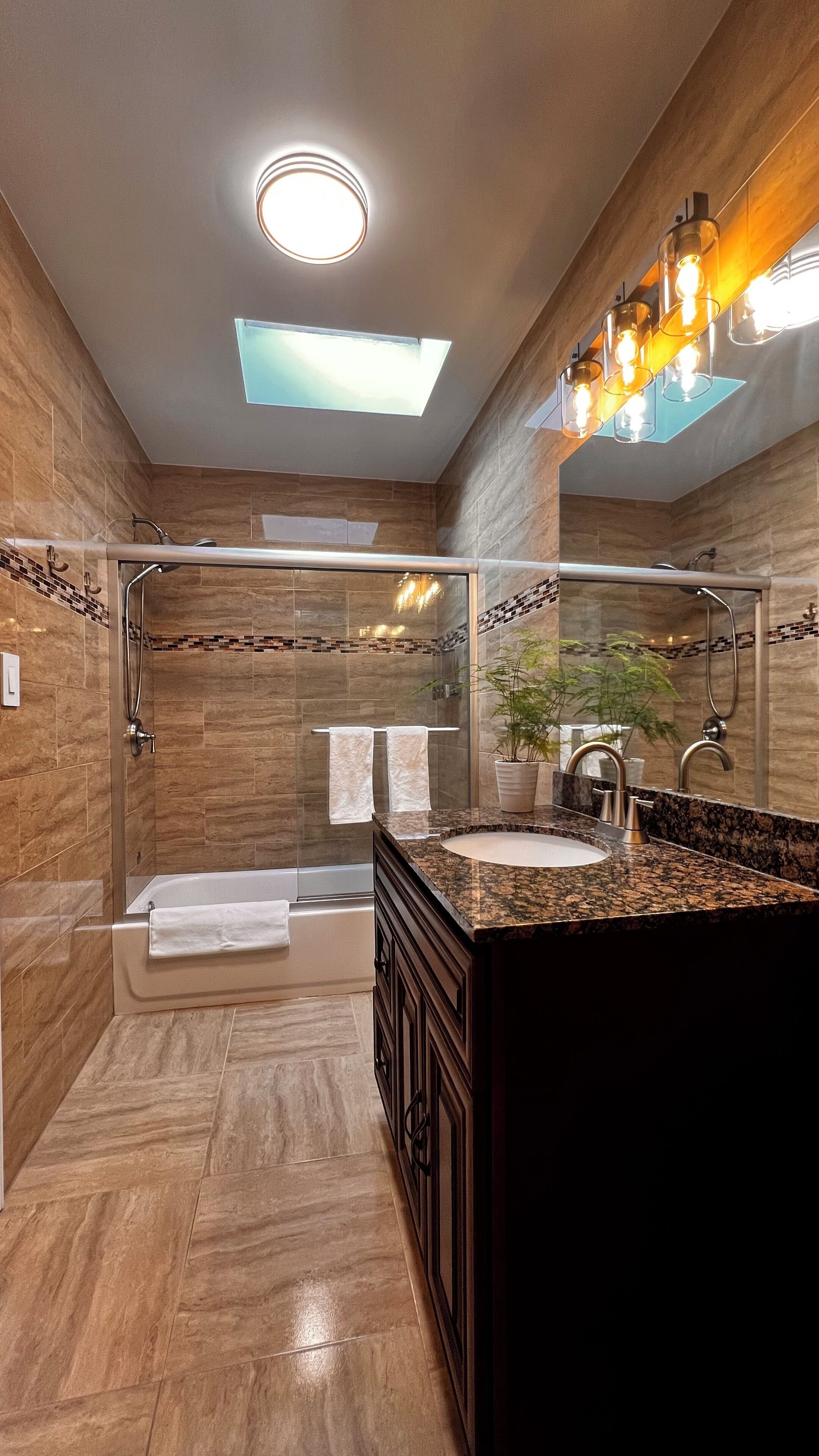 Hair dryer, towels, soap, shampoo