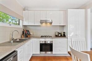 Fridge, stovetop, dishwasher, cookware/dishes/utensils