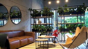 A modern living room with a leather sofa, a round coffee table, and a chair. There are large windows with plants on shelves, and a mirror on the wall. - ✨Perfect Studio✨View+COwork+NewBuilding+FastWIFI (Medellín)