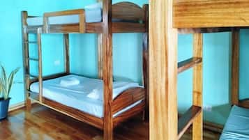 A bunk bed with a wooden frame and a mattress, a potted plant, and a wooden floor.