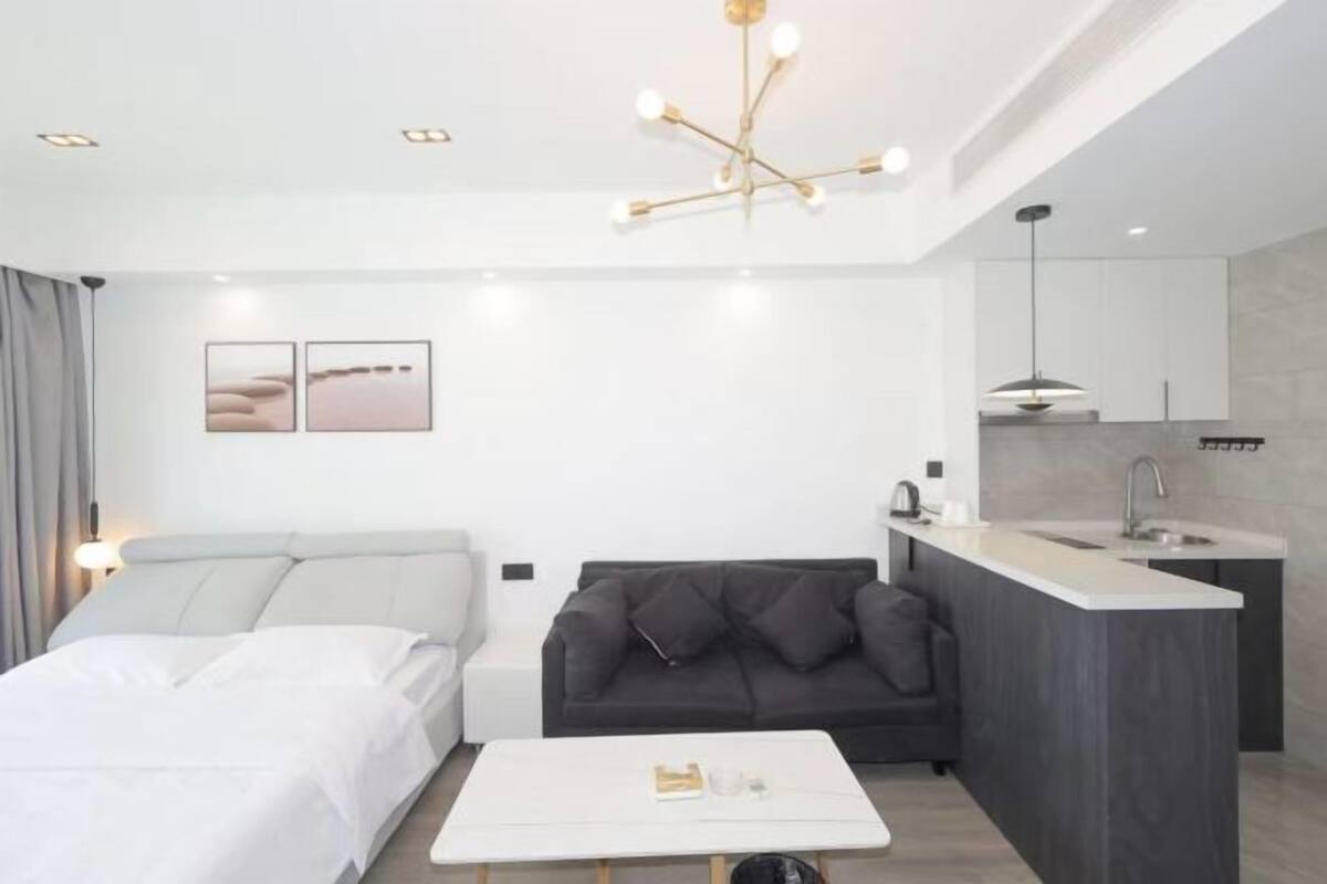 Ein modernes Hotelzimmer mit einem Bett, einem Sofa, einem kleinen Tisch, einer Küchenzeile und einer Deckenleuchte.