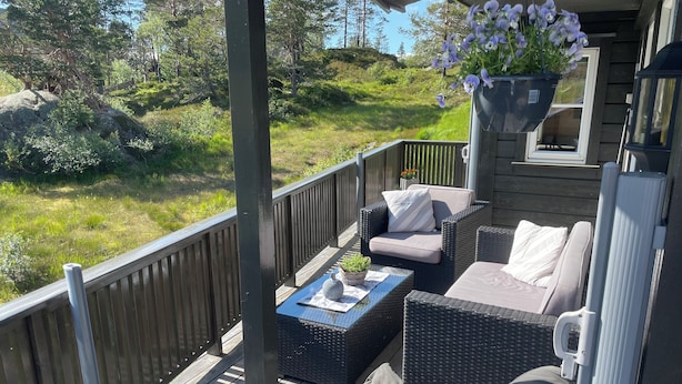 A covered outdoor seating area with wicker furniture, a hanging flower pot, and a view of a grassy landscape. - Lovely and well equipped home with outdoor BBQ, ready for hiking in Seljestad. (Ullensvang)