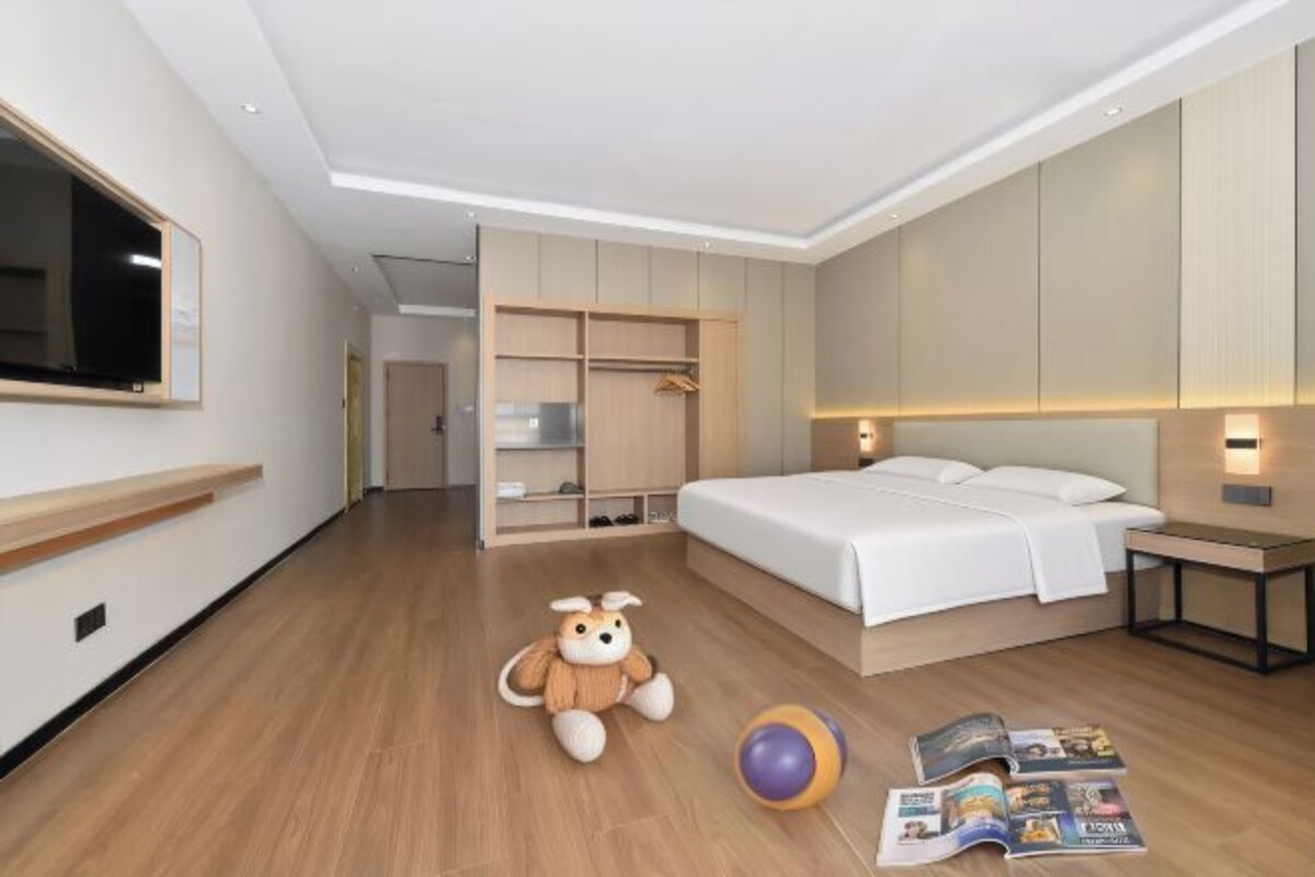 Camera d'hotel moderna con un letto grande, armadio a muro, comodino e televisore a schermo piatto.