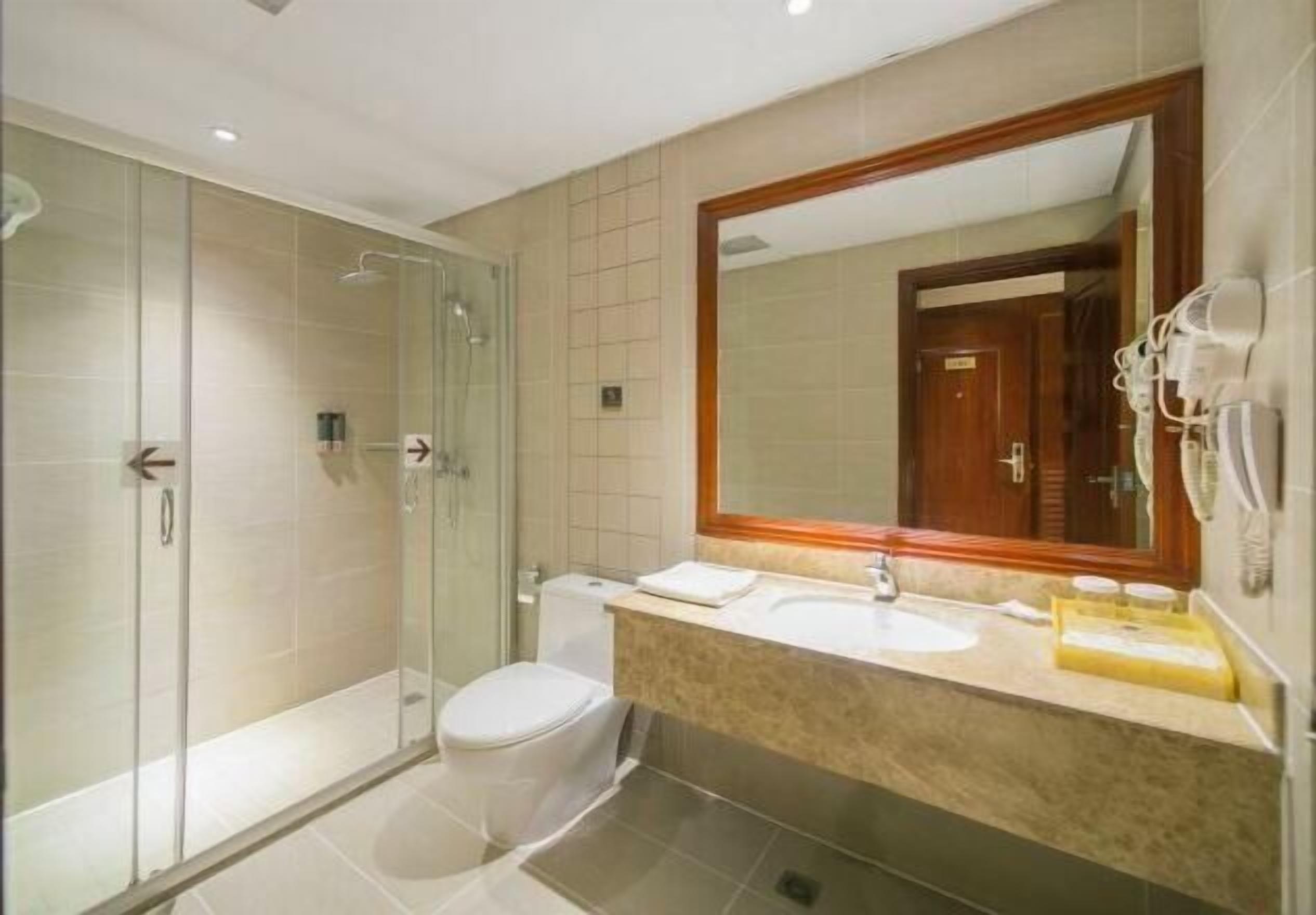 A modern bathroom with a glass-enclosed shower, a toilet, and a sink with a large mirror above.
