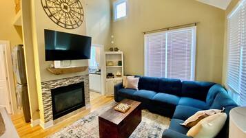 Smart TV, fireplace, books