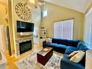 Smart TV, fireplace, books