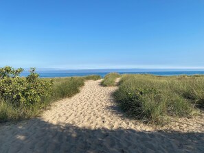 A sandy path leading to the beach with clear blue skies.