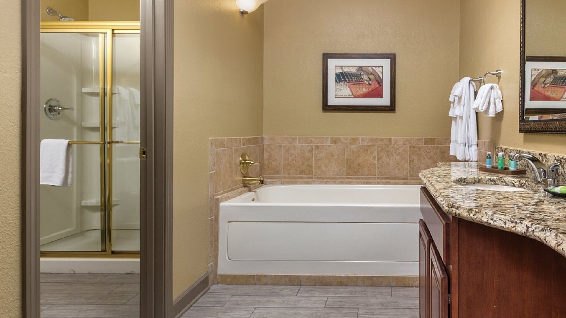 A bathroom with a bathtub, a shower, a sink with toiletries, and a framed picture on the wall.