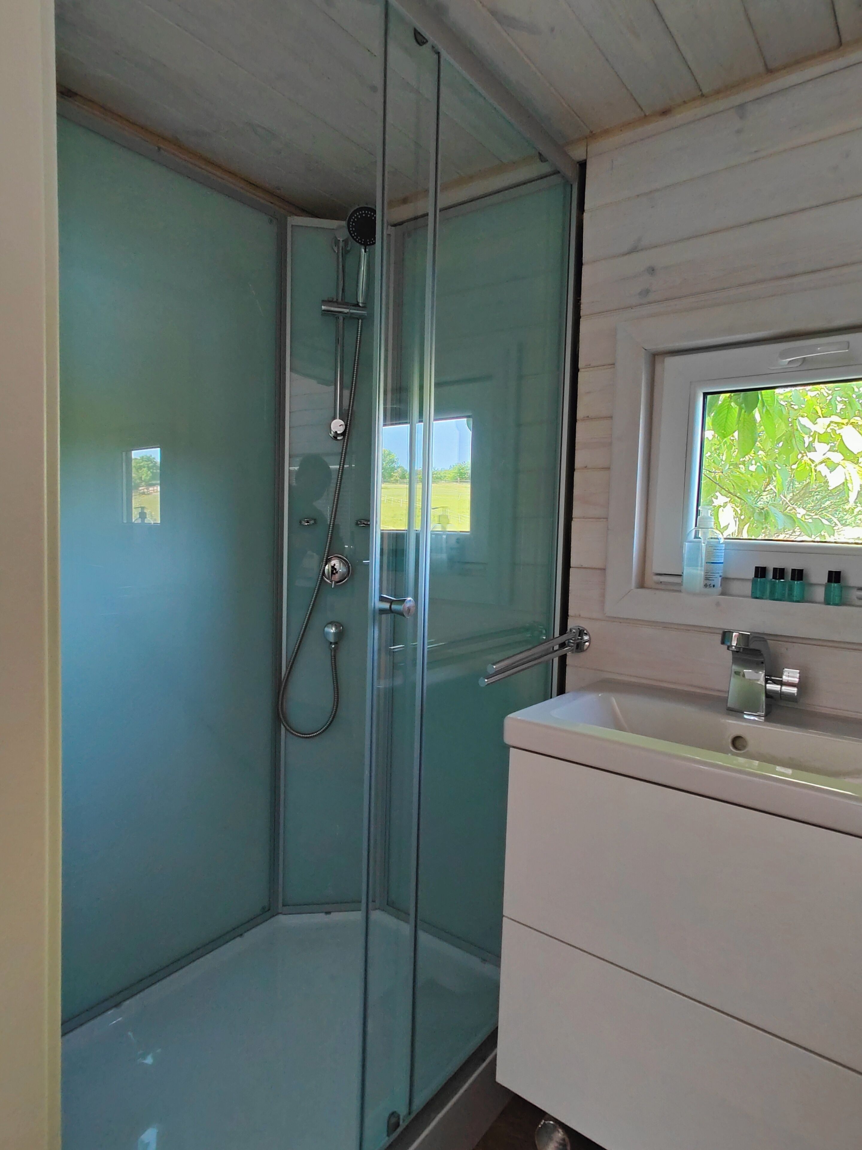 TinyHousebeiDresden klein aber fein, beste Lage Naturteich große Terrasse - Nähe Sächsische Schweiz | Badezimmer | Dusche, Haartrockner, Seife, Shampoo