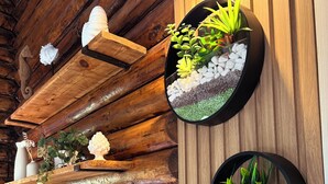 A rustic wooden wall with three circular planters containing various plants and decorative items.