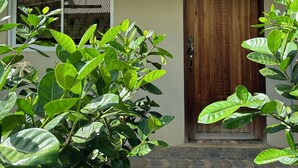 Une maison avec une porte en bois, une fenêtre et un toit en métal.