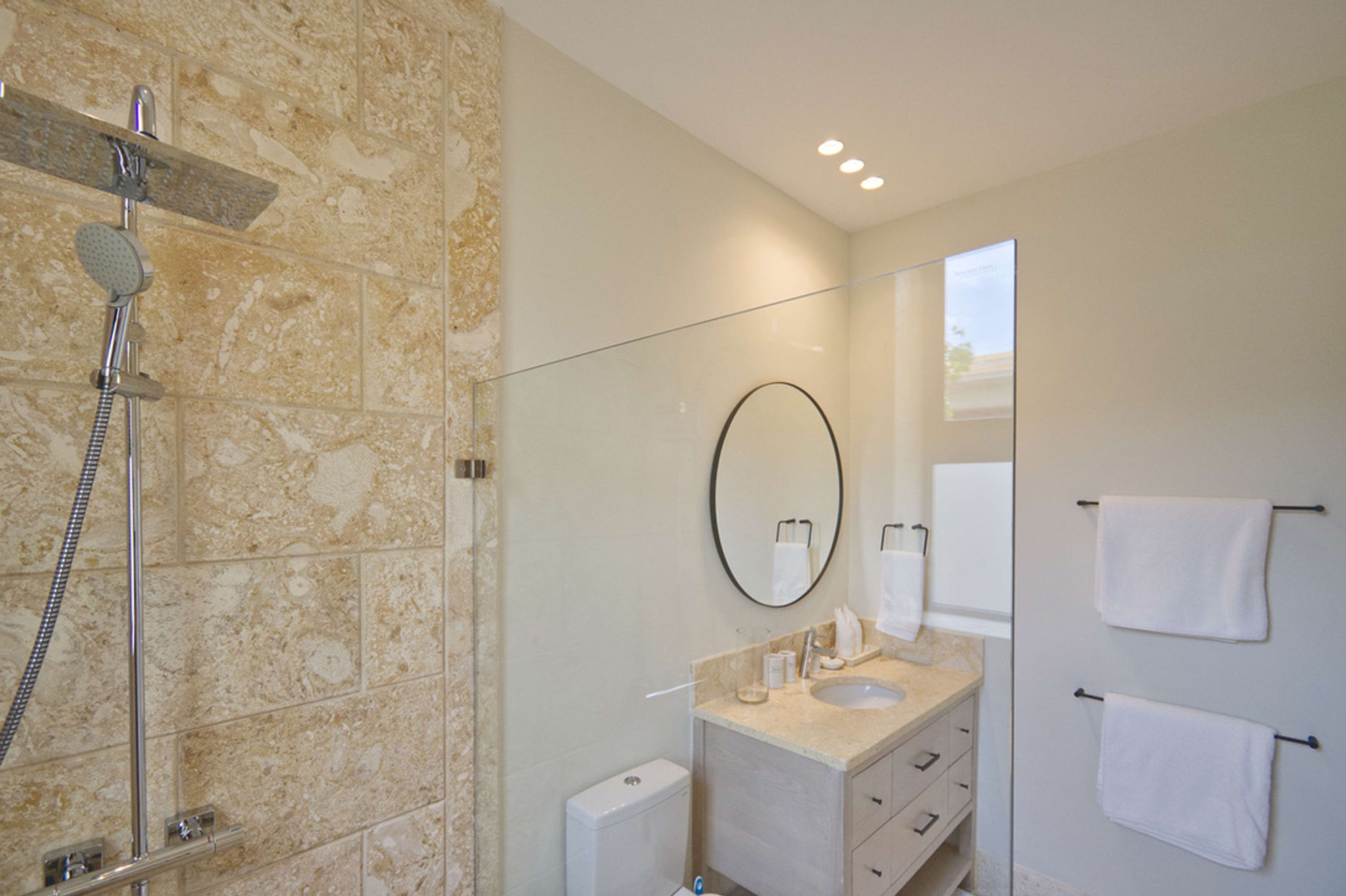 A modern bathroom with a shower, a sink, and a mirror.