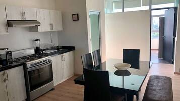 Fridge, microwave, oven, stovetop