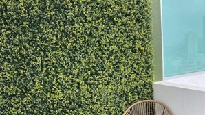 A room with a green wall and two wicker chairs. - Penthouse in front of Estrella de Puebla 16 guest (Heroica Puebla de Zaragoza)