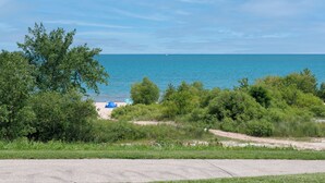 A beach with a clear view of the ocean, a sandy shore, and some greenery.
