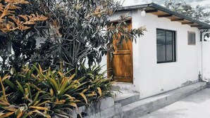 A small white building with a wooden door and window, surrounded by dense foliage.