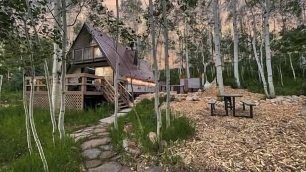A rustic cabin with a stone pathway leading to a wooden deck, surrounded by birch trees. - Sunflower Lodge Near Park City (Silver Summit)
