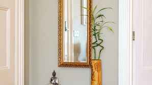 A hallway with a wooden console table, a mirror with an ornate frame, and a potted plant. - The Regency Studio (Cardiff)