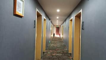 A hotel hallway with carpeted flooring, wooden doors, and framed pictures on the walls.