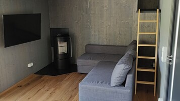 A modern living room with a grey sofa, a black entertainment unit, and a wooden ladder.