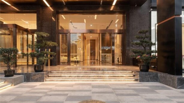 Entrada de hotel con diseño moderno, que incluye una puerta de cristal, una escalera que conduce a la entrada y plantas en macetas a ambos lados.