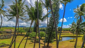 Paesaggio tropicale con palme, uno stagno e una catena montuosa in lontananza.