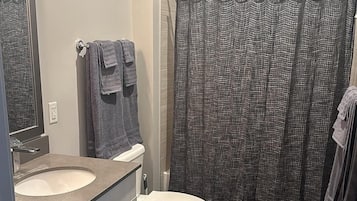 Hair dryer, towels, soap, shampoo