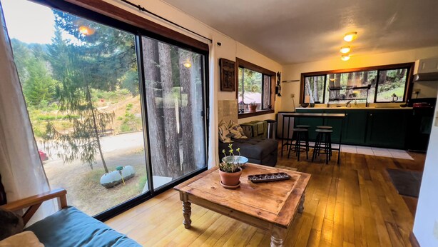 Un salón acogedor con un amplio ventanal corredera que da a una zona boscosa, una mesa de centro de madera con un control remoto, y una cocina verde al fondo.