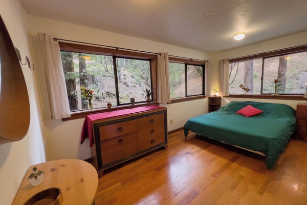 You will love the bedroom with views of the surrounding Redwood trees.