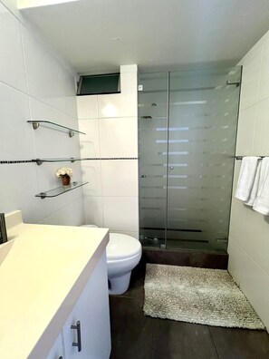 Secador de cabelo, toalhas de banho, sabonete, shampoo