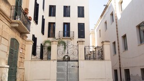 Une rue étroite bordée d’un immeuble doté d’un portail en métal, d’une porte verte et d’un balcon orné de plantes en pot.